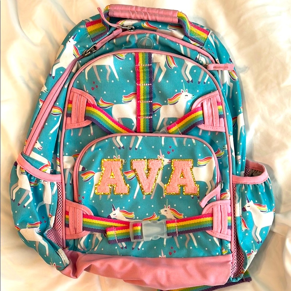 Pottery Barn Kids Pink and Blue Large Unicorn Backpack with Ava patch letters